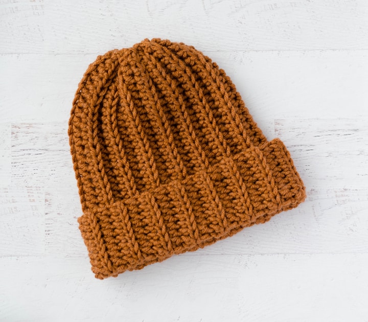 tan crochet hat on an angle