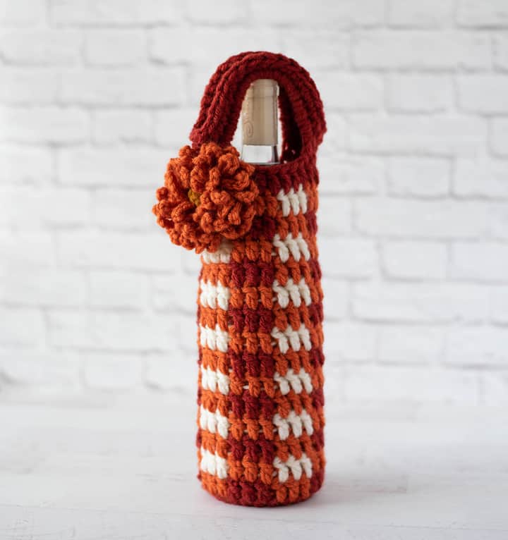 Crochet Wine Bag in Fall Plaid - Crochet 365 Knit Too