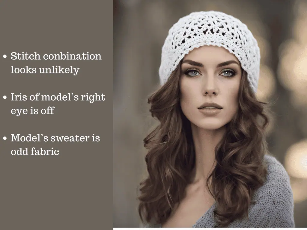 Graphic of AI crochet hat with text describing fake elements
