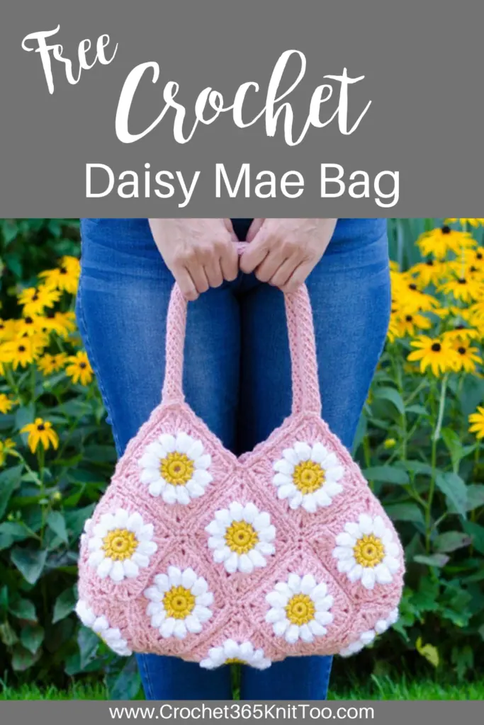 Image of a girl holding a pink granny square daisy bag