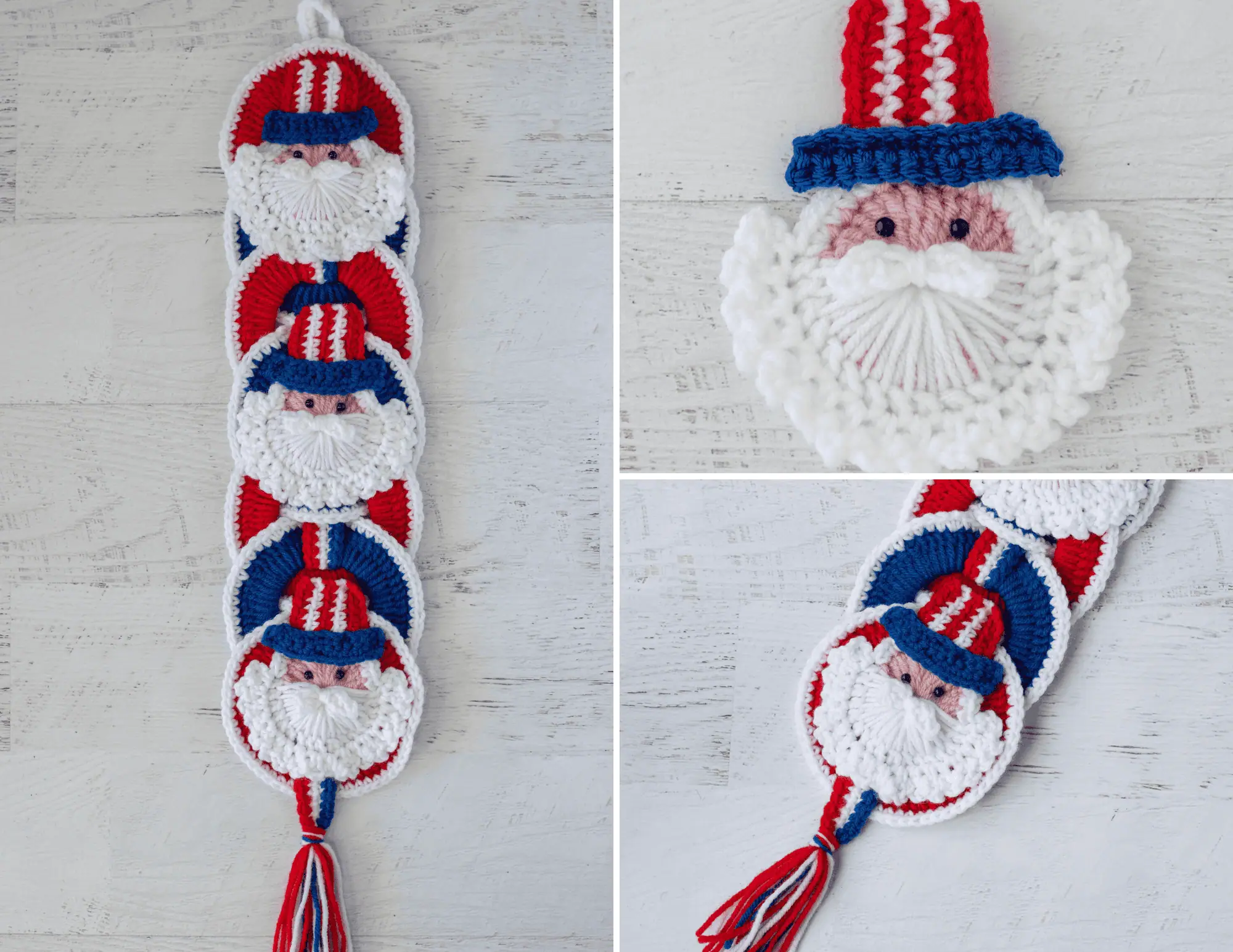 Collage of Crochet Uncle Sam Wallhanging in Red, White and Blue Yarn