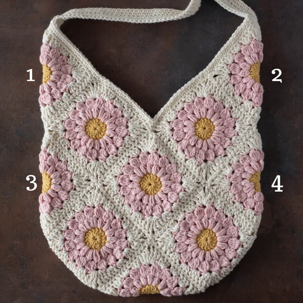 Photo of crochet bag with labeled squares